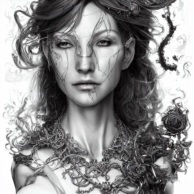 Image similar to the portrait of the lawful evil sorceress lawyer as an absurdly beautiful, graceful, elegant, sophisticated, woman, an ultrafine hyperdetailed illustration by kim jung gi, irakli nadar, intricate linework, bright colors, octopath traveler, final fantasy, unreal engine 5 highly rendered, global illumination, radiant light, detailed and intricate environment