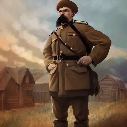 Prompt: fullbody of a moustached man, wearing simple russian ww 1 clothes in black beret, russian villages at background, style ivan talavera and artgerm, radiant lighting, hyper realistic, photorealistic, octane render, trending on artstation, cgsociety, cinematic light, global illumination