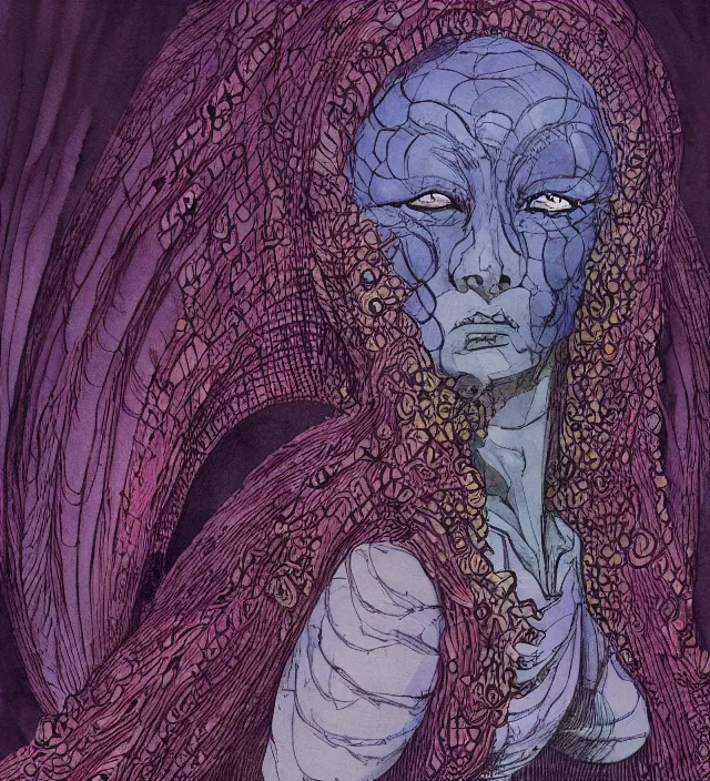 Image similar to a watercolor ink painting of the primordial eldritch goddess of fear hiding in new york in the style of jean giraud in the style of moebius trending on artstation deviantart pinterest detailed realistic hd 8 k high resolution