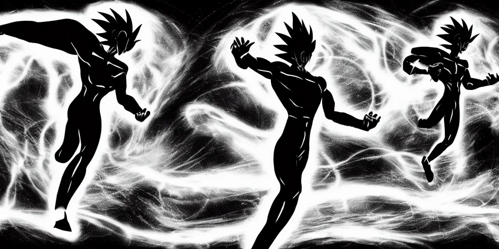 Prompt: a simple black and white pencil storyboard of a giant humanoid athletic sleek futuristic humanoid android powering up as small floating particles swirl around it, lines of energy, going supersaiyan