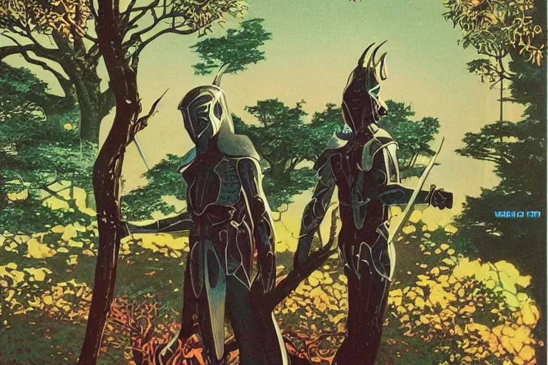 Image similar to 1979 OMNI Magazine Cover of a Druidic elf with armor by a cherry tree in Neo-Kyoto in cyberpunk style by Vincent Di Fate