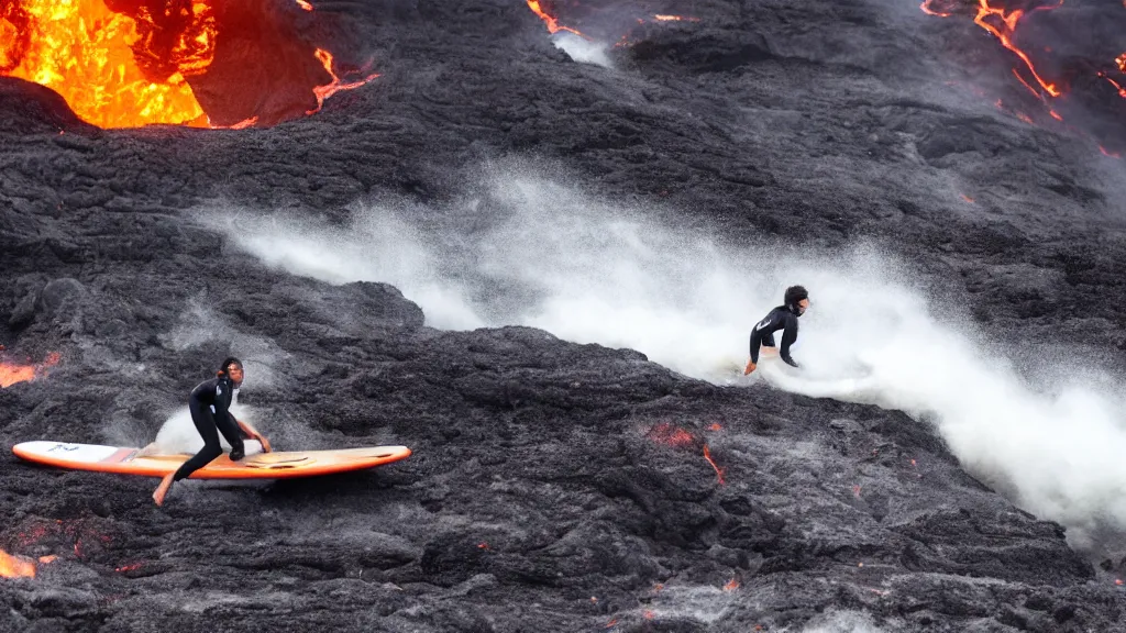 Image similar to person wearing a sponsored team jersey with logos surfing down a river of lava on the side of a volcano on surfboard, action shot, dystopian, thick black smoke and fire, sharp focus