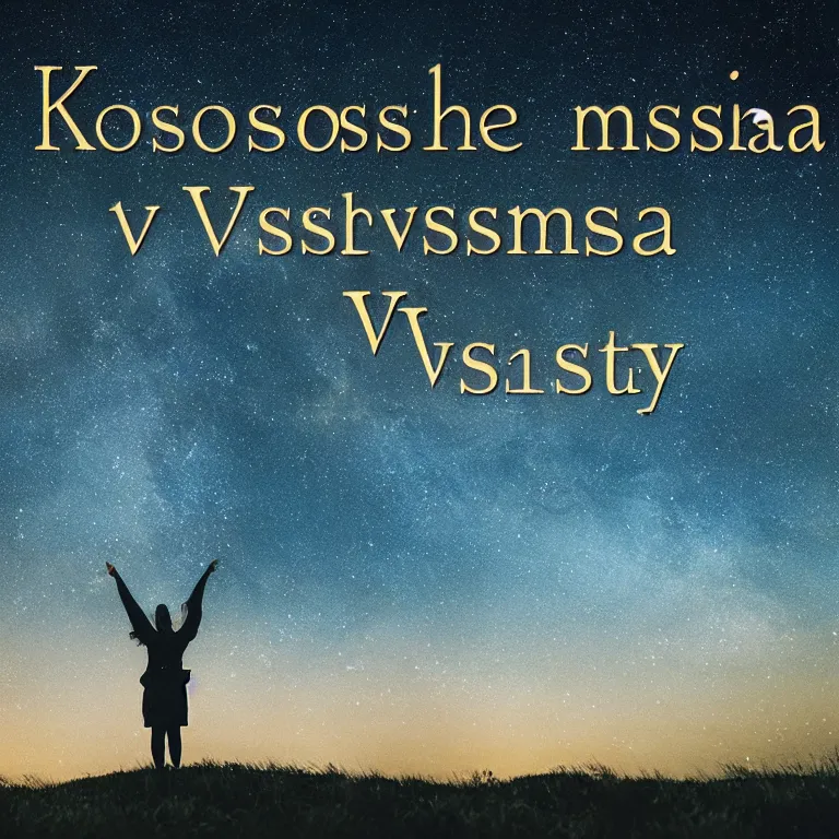 Image similar to album cover, with text'kosmichna vystava ', a beautiful landscape of a starry sky with an beautiful woman waving to the horizon, cinematic, dramatic, photojournalism, highly detailed