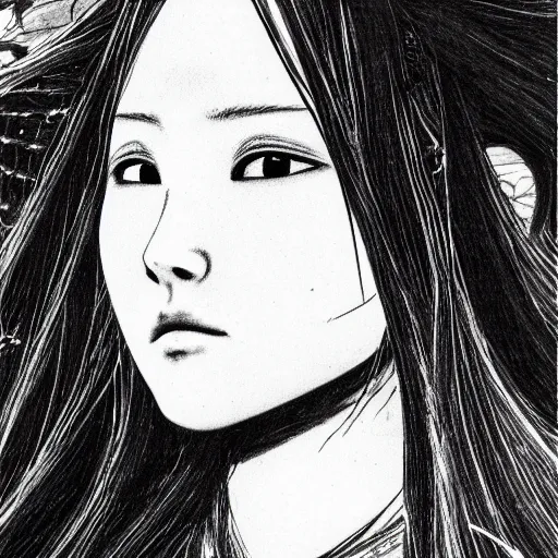 Image similar to Yoshitaka Amano realistic illustration of yuuki asuna ,hair fluttering in the wind, cracks on her face wearing Elden ring armour with engraving, abstract black and white patterns on the background, noisy film grain effect, highly detailed, Renaissance oil painting, weird portrait angle, blurred lost edges, three quarter view