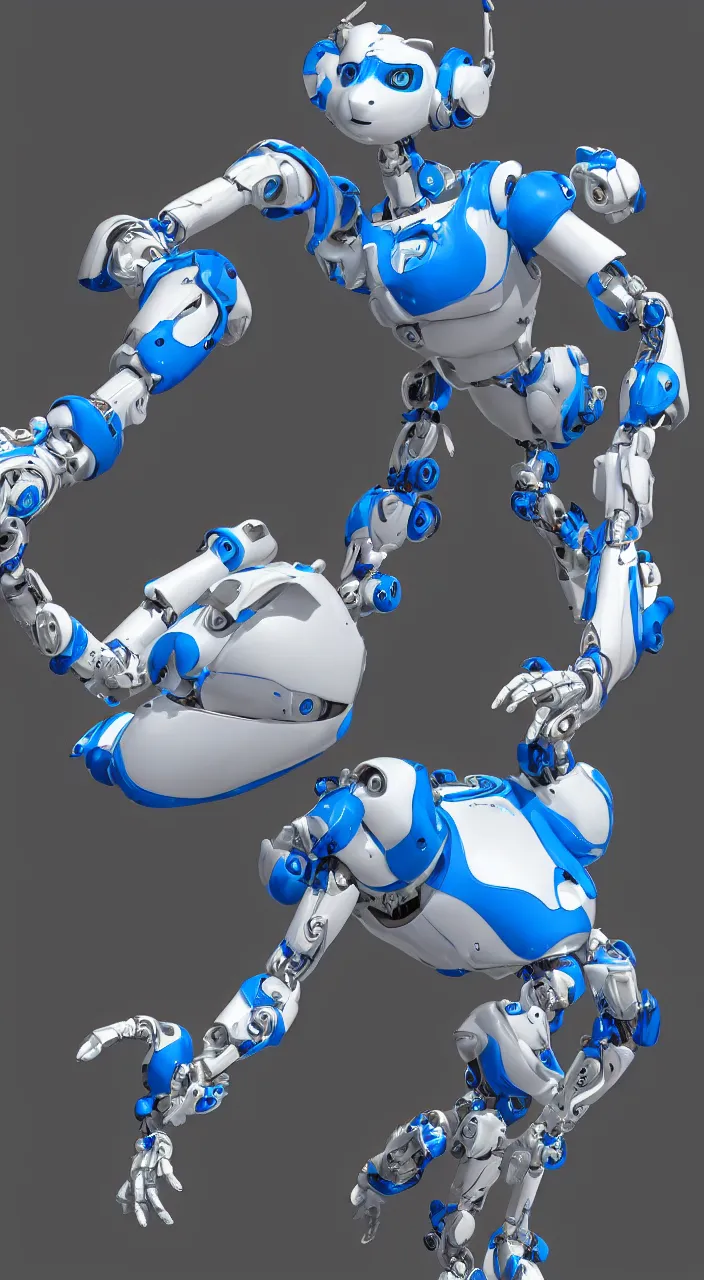 Prompt: a female white and blue robotic griffin, CGI, in the style of Pixar