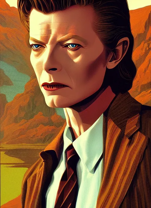 Image similar to twin peaks poster art, portrait of david bowie in small town solving mystery, by michael whelan, rossetti bouguereau, artgerm, retro, nostalgic, old fashioned