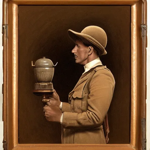 Prompt: a detailed photorealistic sepia - toned color portrait painting of a 1 9 1 7 worried clean - shaven british lieutenant in detailed field gear wearing a finely - detailed pith helmet in wadi rum examining an ancient cylindrical clay jar, ultra realistic, intricate details, atmospheric, dark, horror, brooding, highly detailed, by clyde caldwell