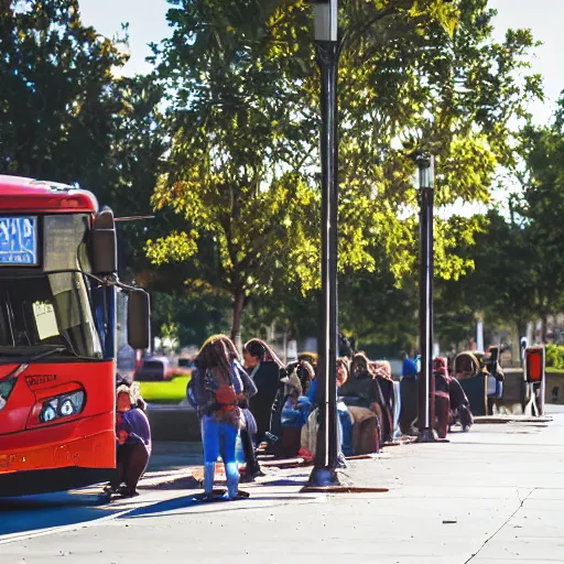 Image similar to photo of people waiting at bus stop, afternoon lighting