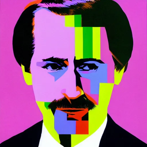 Prompt: portrait of Vladimir Putin looking very sly, bold 80's style, colourful, Memphis Group