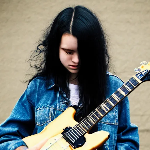 Image similar to 19-year-old girl with long shaggy black hair, permed hair, wearing denim jacket and bell-bottom jeans, playing electric guitar, stoner metal concert, heavy blues rock, doom metal, 30mm photography