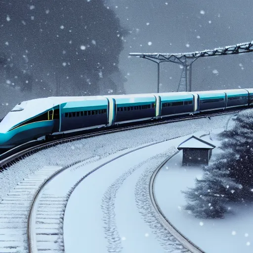 Image similar to desktop wallpaper of a bullet train riding over a bridge through a cold snowy landscape, trending on artstation