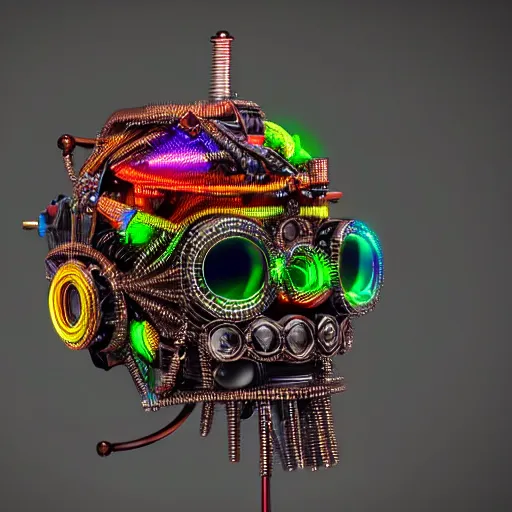 Image similar to a glossy claymodel of a steampunk aztec futuristic robot head, top of the head is made of gears and wires and multicolored glowing tubes, eyes are multicolored led screen, 8 k, front shot, symetrical, flourescent colors, halluzinogenic, multicolored, insanely detailed, 3 d render, octane