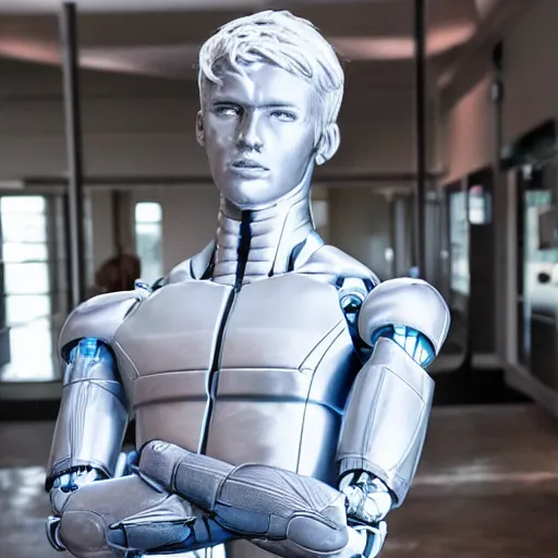 Image similar to a realistic detailed photo of a guy who is an attractive humanoid who is half robot and half humanoid, who is a male android, soccer player martin ødegaard, shiny skin, posing like a statue, blank stare, by the pool, on display, showing off his muscles, humanoid robot, frozen ice statue