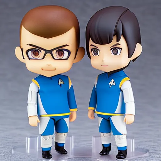 Image similar to spock from the tv series star trek, serious look, pointed ears, spock haircut, as an anime nendoroid, starfleet uniform, detailed product photo