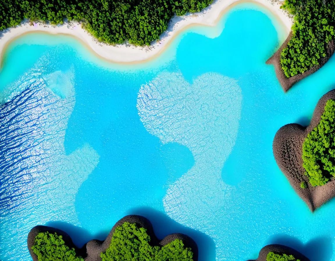 Image similar to closeup shot photo of ultra realistic blue lagoon with exotic tree heart / shaped sandy beach island, sunset lighting