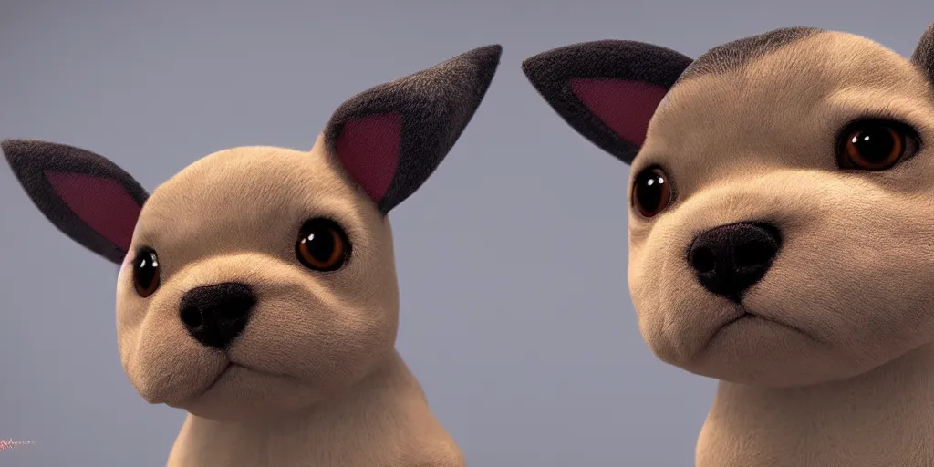 Image similar to a puppy that looks like a pikachu, unreal 5, hyperrealistic, realistic, photorealistic, dynamic lighting, highly detailed, cinematic landscape, studio landscape, studio lighting