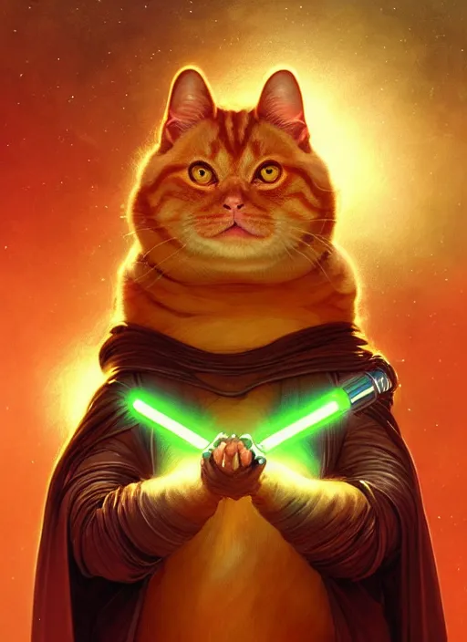 Prompt: a fat ginger cat holding a lightsaber, star wars, beautiful glowing lights, sci - fi, stunning, intricate, elegant. highly detailed, digital painting. artstation. smooth. sharp focus. illustration. art by artgerm and greg rutkowski and alphonse mucha