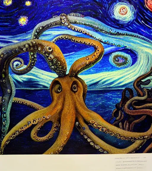 Prompt: a cybernetic realistic octopus giving a lecture in Cap de Creus, Starry Night, Ethereal Scifi, detailed oil painting by Salvador Dali