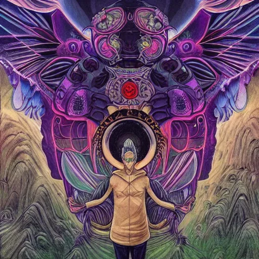 Image similar to A centered chest up portrait of a psychedelic godlike mothman with giant mandala wings smoking a hand-rolled cigarette smoking heavily , magic mushroom village in background , award winning. superb resolution. in the art style of junji Ito and greg rutkowski . Detailed Mushroom city in background. Hyper realistic anime. Perfect art. Dalle2