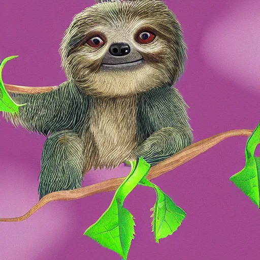 Prompt: digital painting of an energetic young sloth with big eyes swinging on a vine