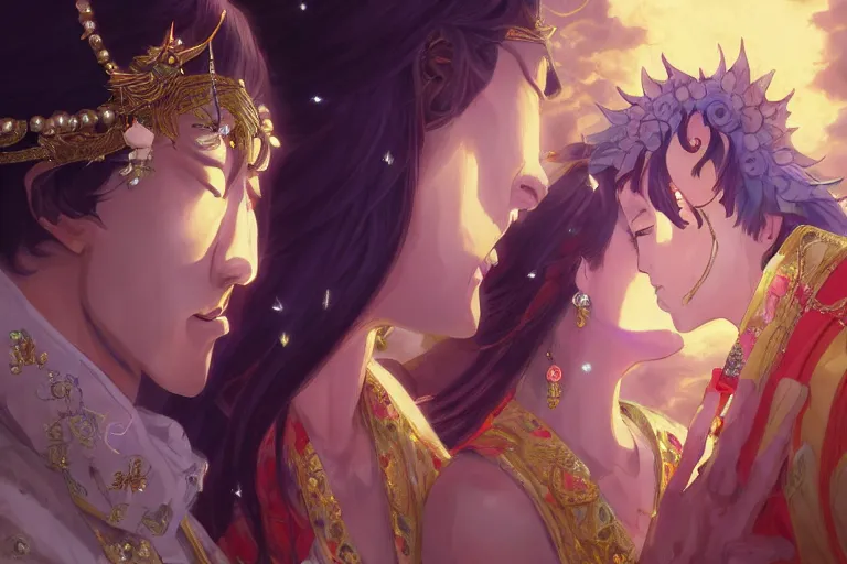 Image similar to close up moment of a divine a japan sun god and a moon goddess lovers magician at a wedding banquet, highly detailed, d & d, fantasy, 4 k realistic, digital painting, trending on artstation, concept art, sharp focus, illustration, art by makoto shinkai and akihiko yoshida and daniel gerhartz