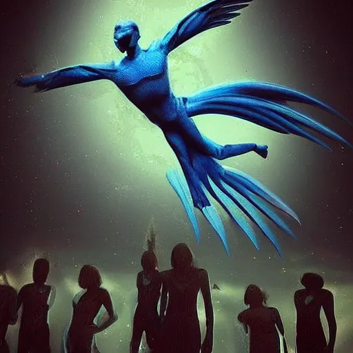 Prompt: A beautiful assemblage of a winged creature, possibly an angel, flying high above a group of people in a dark, wooded area. The creature's wings are spread wide and its head is turned upwards, as if it is looking towards the sky. The people below are looking up at the creature with a mixture of awe and fear. Blue Man Group, Ionic architecture by Georgia O'Keeffe, by Vivienne Westwood tender