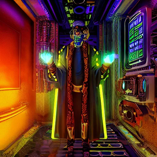 Prompt: symmetry!! a cyberpunk dogon priest opening a steampunk neon portal in the solarpunk village, alien cold fusion time machine, by machina infinitum and android jones, surreal psychedelic portrait style, dim lit, rim light, intricate and detailed environment, radiant lighting, fractal with infinite intricacy background, rendered in octane,