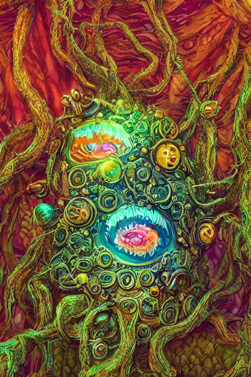 Image similar to creature sushi roots cactus elemental flush of force nature micro world fluo light deepdream a wild amazing steampunk baroque ancient alien creature, intricate detail, colorful digital painting radiating a glowing aura global illumination ray tracing