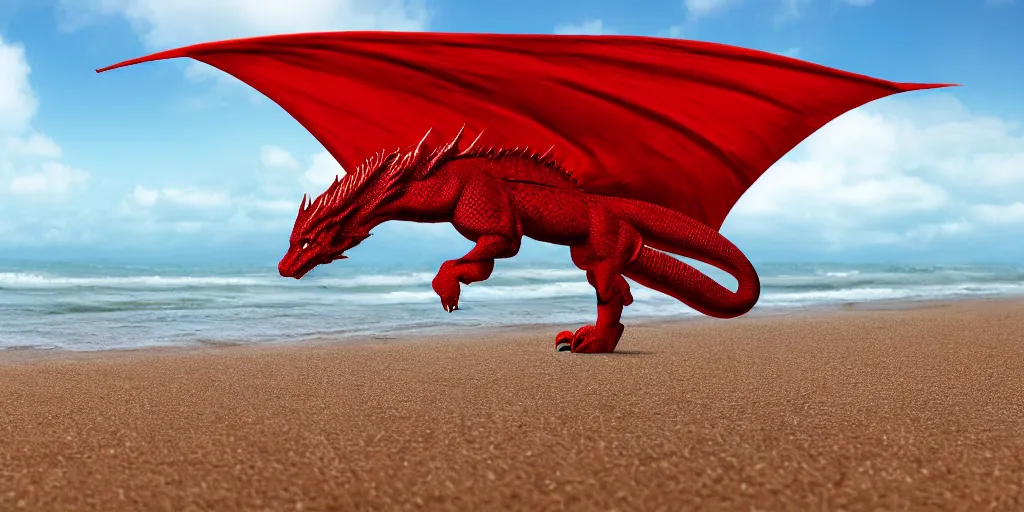 Prompt: a red dragon on charmouth beach with golden cap in the background, highly detailed, hyper realistic, HD wallpaper, 4k, photorealistic