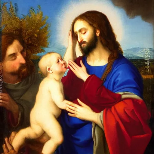 Image similar to 1 8 th oil panting of a jesus kissing with maria maddalena