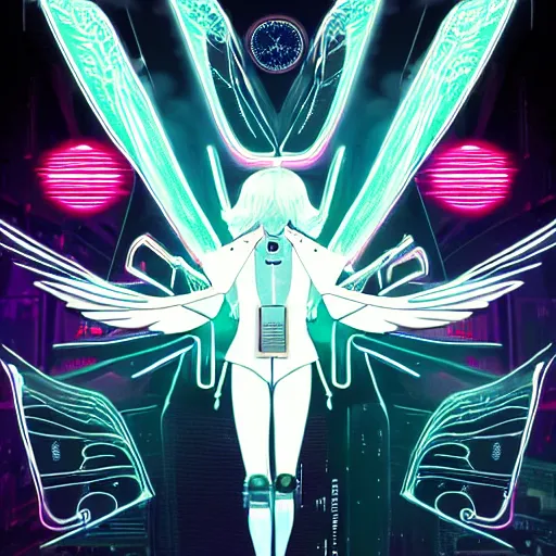 Prompt: white arc - angel with mystic robotic wings, blade runner, akira, ghost in the shell, style of laurie greasley and satoshi kon + symmetric lights and smoke, psychedelic effects, glowing particles, neon rain, glowing runes, de - noise, symmetrical composition, high detailed + tarot card, ornate border, 8 k