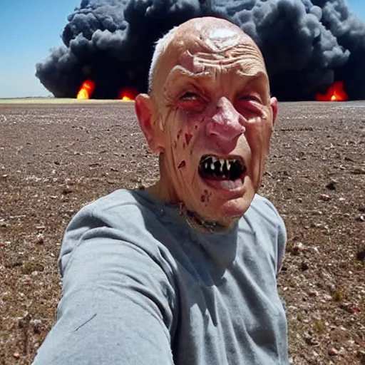 Image similar to last selfie of last alive funny scared ukrainian very damaged body to bones, bleeding crawling from nuclear rockets and nuke explossions, big nuclear explosion and nuke missles at background getting close,
