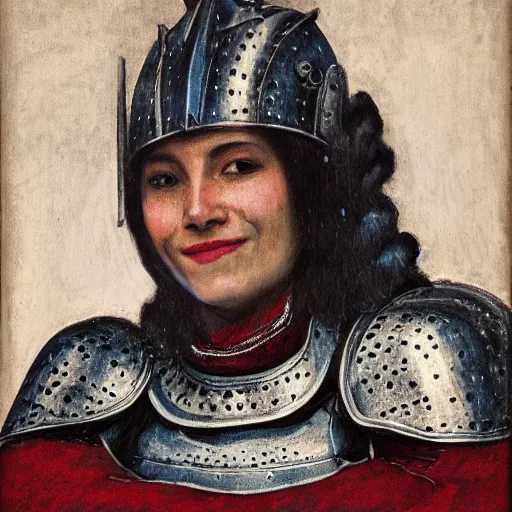 Prompt: head and shoulders portrait of a female knight, quechua, cuirass, gorget, tonalist, symbolist, realism, chiaroscuro, baroque, indigo and venetian red, grisaille, detailed, raven, modeled lighting, vignetting, angular, smiling