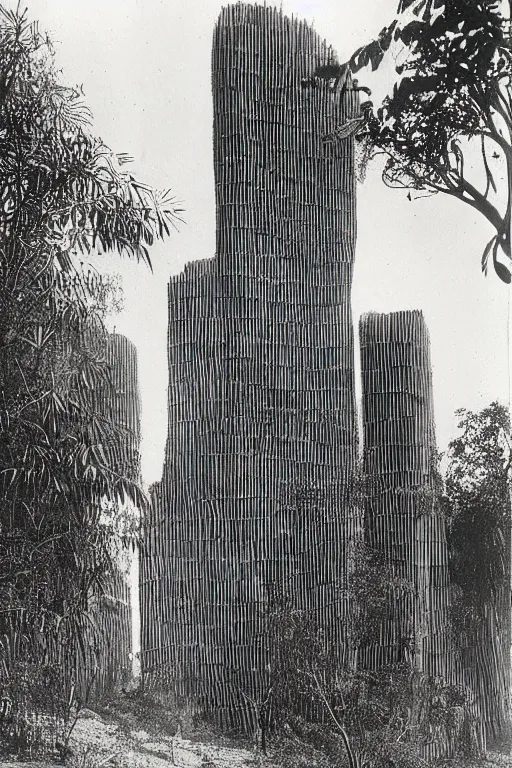 Image similar to long and tall organic buildings, jungle, black and white photography, year 1 9 0 0