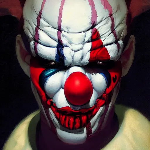 Image similar to 4k headshot portrait of Spawn clown from Macfarlane comics by Craig Mullins, ilya kuvshinov, krenz cushart, epic , artgerm trending on artstation by Edward Hopper and Dan Mumford and WLOP and Rutkovsky, beksinski carl spitzweg moebius and tuomas kocar, intricate artwork by caravaggio, Unreal Engine 5, Lumen, Nanite , 4K headshot of godlike clown with defined arms and open hands and bloody clothes with giant mandala wings , intricate face , flawless anime cel animation by Kentaro Miura, psychedelic , highly detailed upper body , professionally post-processed , beautiful, scary, symmetry accurate features, epic, octane rendered, anime masterpiece, accurate