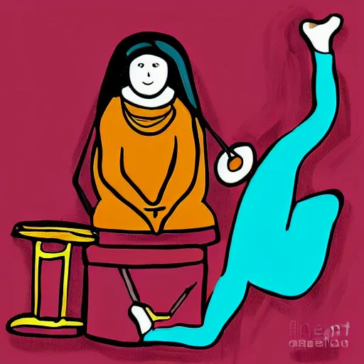 Image similar to a babushka playing drums, some people in the background are doing yoga to the beats, digital art