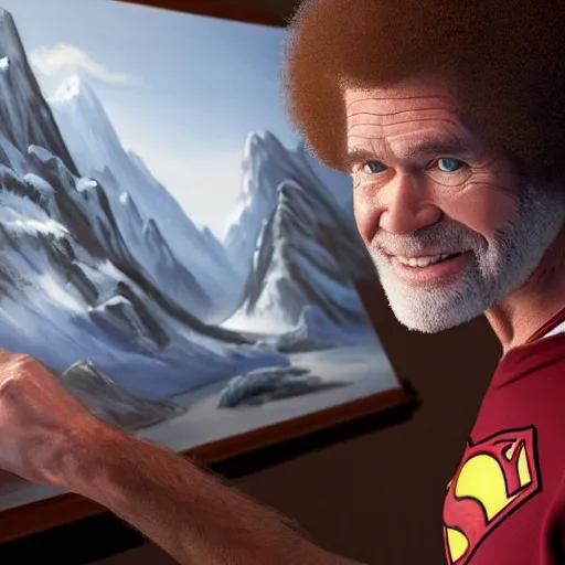 Image similar to a closeup photorealistic photograph of bob ross working on a canvas painting of superman. film still. brightly lit scene. mountains and trees. this 4 k hd image is trending on artstation, featured on behance, well - rendered, extra crisp, features intricate detail, epic composition and the style of unreal engine.