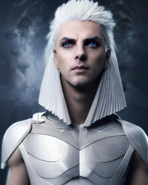 Image similar to perfect white haired egyptian male god, brute, fantasy nanosuit skin armor, beautiful, symmetric, dreamy, half african, black salamander eyes, charlize theron, detailed, scifi platform, laboratory, experiment, 4 k, ultra realistic, epic lighting, android body, illuminated, cinematic, masterpiece, art by akihito tsukushi, voidstar