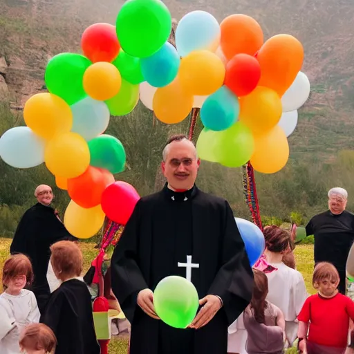 Prompt: a priest holding many balloons