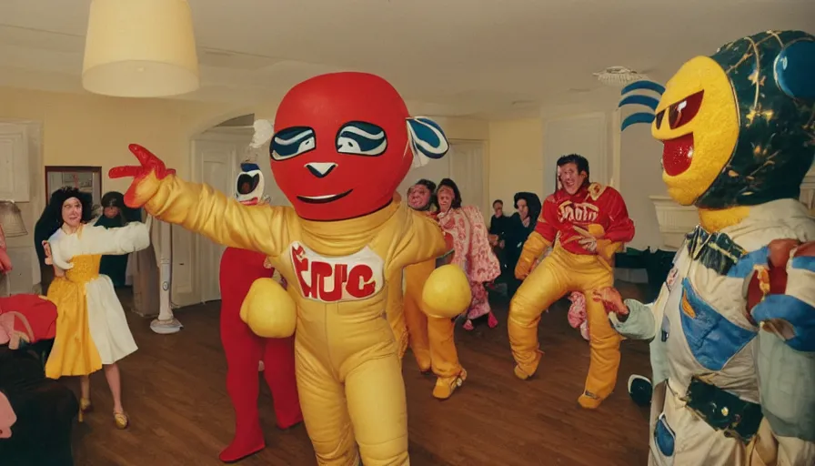 Prompt: 1990s candid 35mm photo of a beautiful day in the living room, cinematic lighting, cinematic look, golden hour, large costumed mascot business fruit people dancing for families, Enormous personified business fruit people with outstandingly happy faces coming out of a portal and talking to families about space and planets, UHD