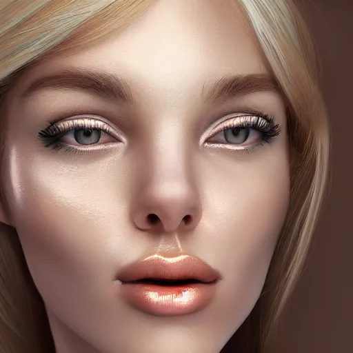 Image similar to Woman, beautiful closeup of a woman with blonde hair, soft clear skin, shiny skin, digital art, 8k quality, Leo Avero and Eva Balloon, award-winning art