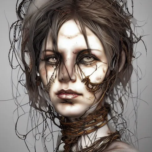 Image similar to portrait of a Shibari razor wire wrapped face and neck, headshot, insanely nice professional hair style, dramatic hair color, digital painting, of a old 17th century, old cyborg merchant, amber jewels, baroque, ornate clothing, scifi, realistic, hyperdetailed, chiaroscuro, concept art, art by Franz Hals and Jon Foster and Ayami Kojima and Amano and Karol Bak,