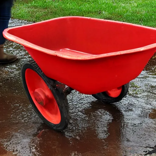 Image similar to so much depends upon a red wheel barrow glazed with rain water beside the white chickens