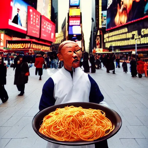 Prompt: genghis khan eating spaghetti on the times square