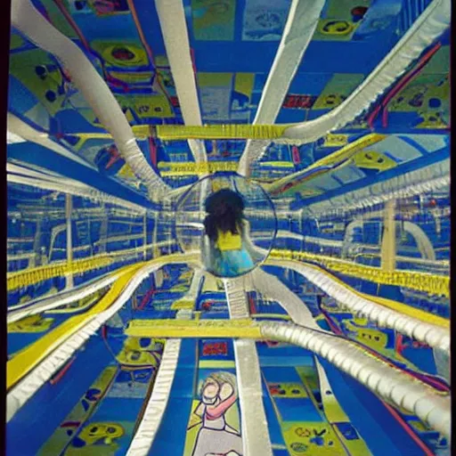 Prompt: A photo of an infinite indoor playground spanning the entire universe. There is no escape. Disposable film, 1990