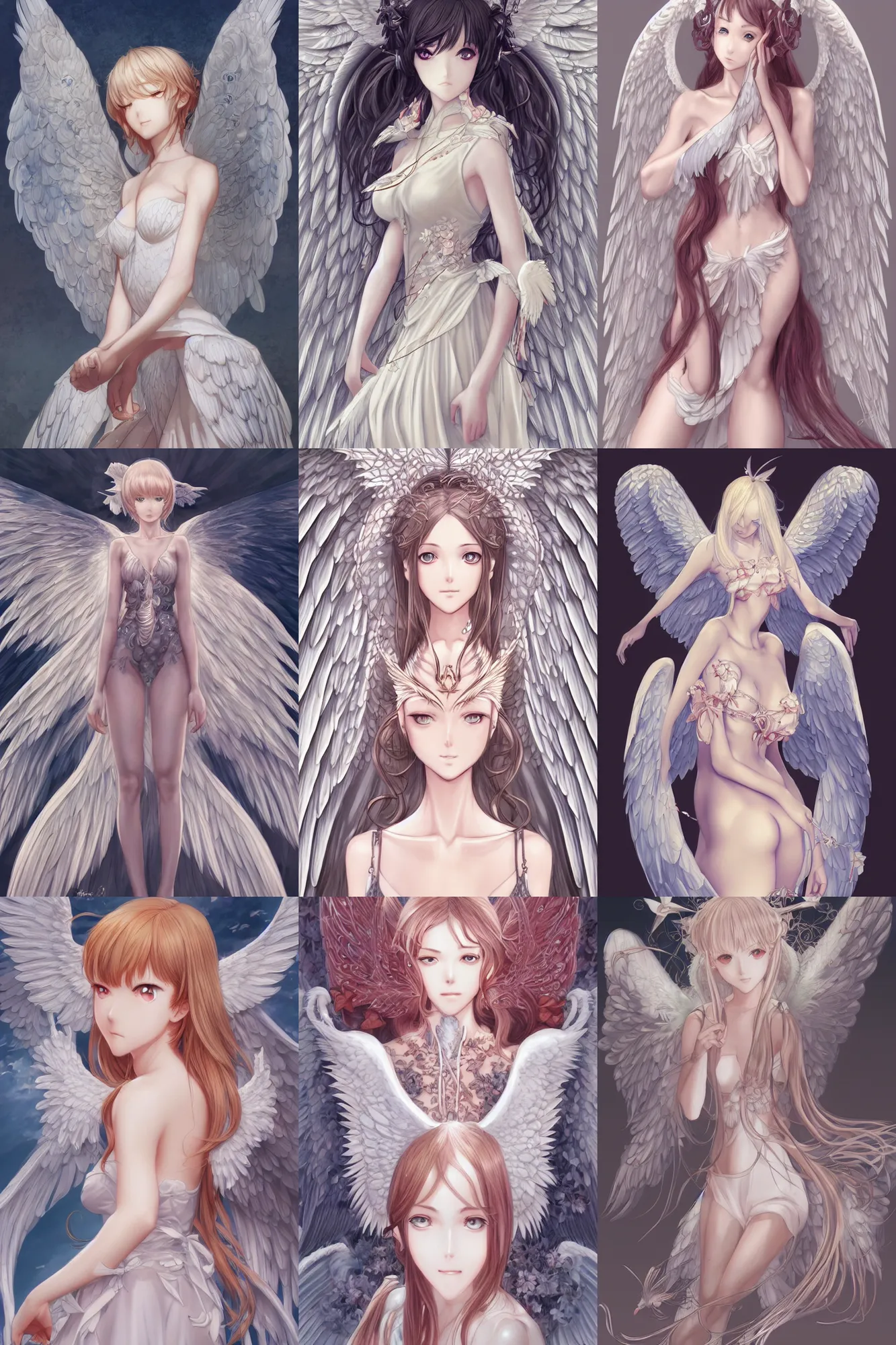 Prompt: Portrait of beautiful anime maiden with angelic wings, intricate, elegant, highly detailed, artstation, concept art, illustration, art by Range Murata