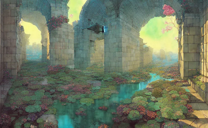 Image similar to tiled room squared waterway, aqueducts, fantasy. intricate, amazing composition, colorful watercolor, by ruan jia, by maxfield parrish, by marc simonetti, by hikari shimoda, by robert hubert, by zhang kechun, illustration, gloomy