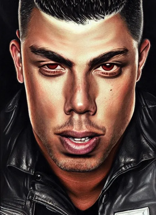 Image similar to portrait of ronaldo nazario, gritty, dark, wearing a leather jacket, very detailed eyes, hyperrealistic, very detailed painting by glenn fabry, by joao ruas, by artgerm