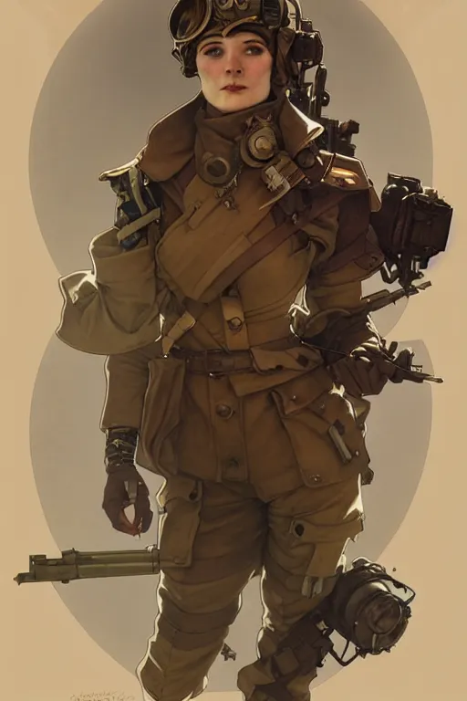 Prompt: female dieselpunk soldier character, helmet, shoulders, chest, portrait, armored, illustrations by alfons maria mucha and craig mullins and loish and rossdraws and artgerm and sargent