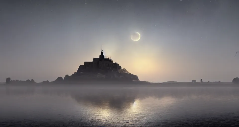 Prompt: mont saint-michel rising up from the mist in the morning silhouetted by a single huge moon, crystal lake, waterfall, realistic, matte painting, unreal engine, 8k, wide angle, f12, butterflies, horses, anders zorn, thomas kincade, trending on artstation, lava, dungeons and dragons, fun, happy